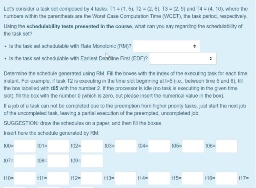  Let's consider a task set composed by 4 tasks: T1=(1,5),T2=(2,6),T3=(2,9) and