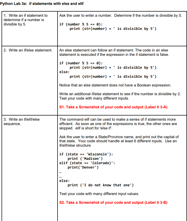  Python Lab 3a: if statements with else and elif 1. Write