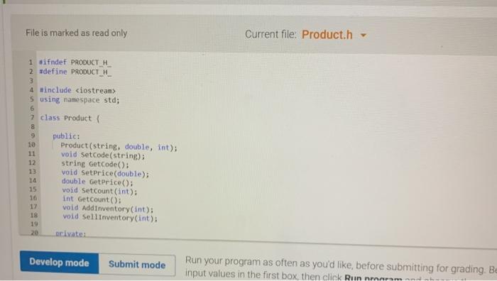 the number count of product in inventory (int) implement the following Constructor