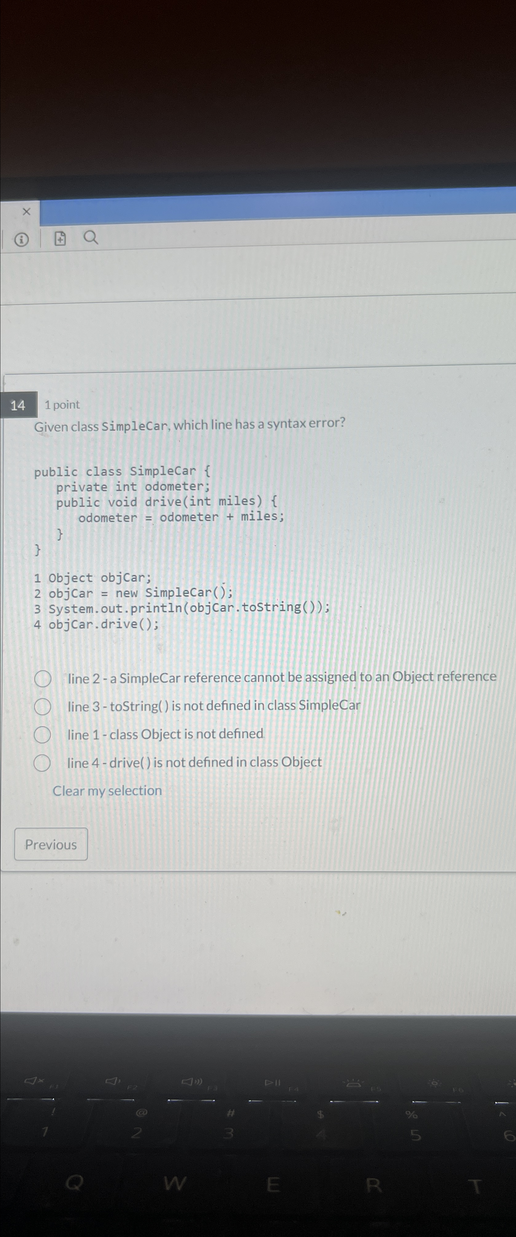  14 1 point Given class SimpleCar, which line has a syntax