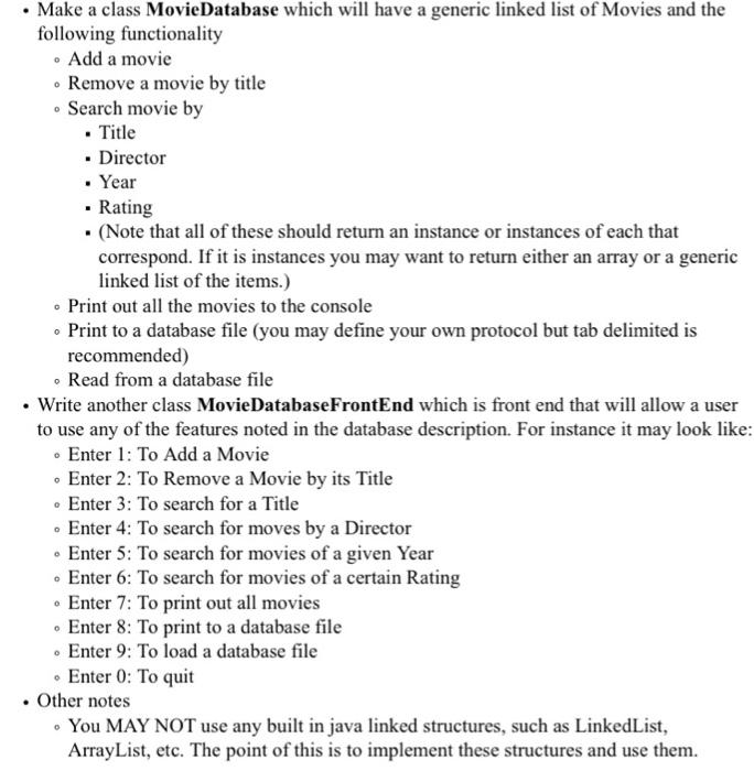 program that manages a Movie database. The user should be able to