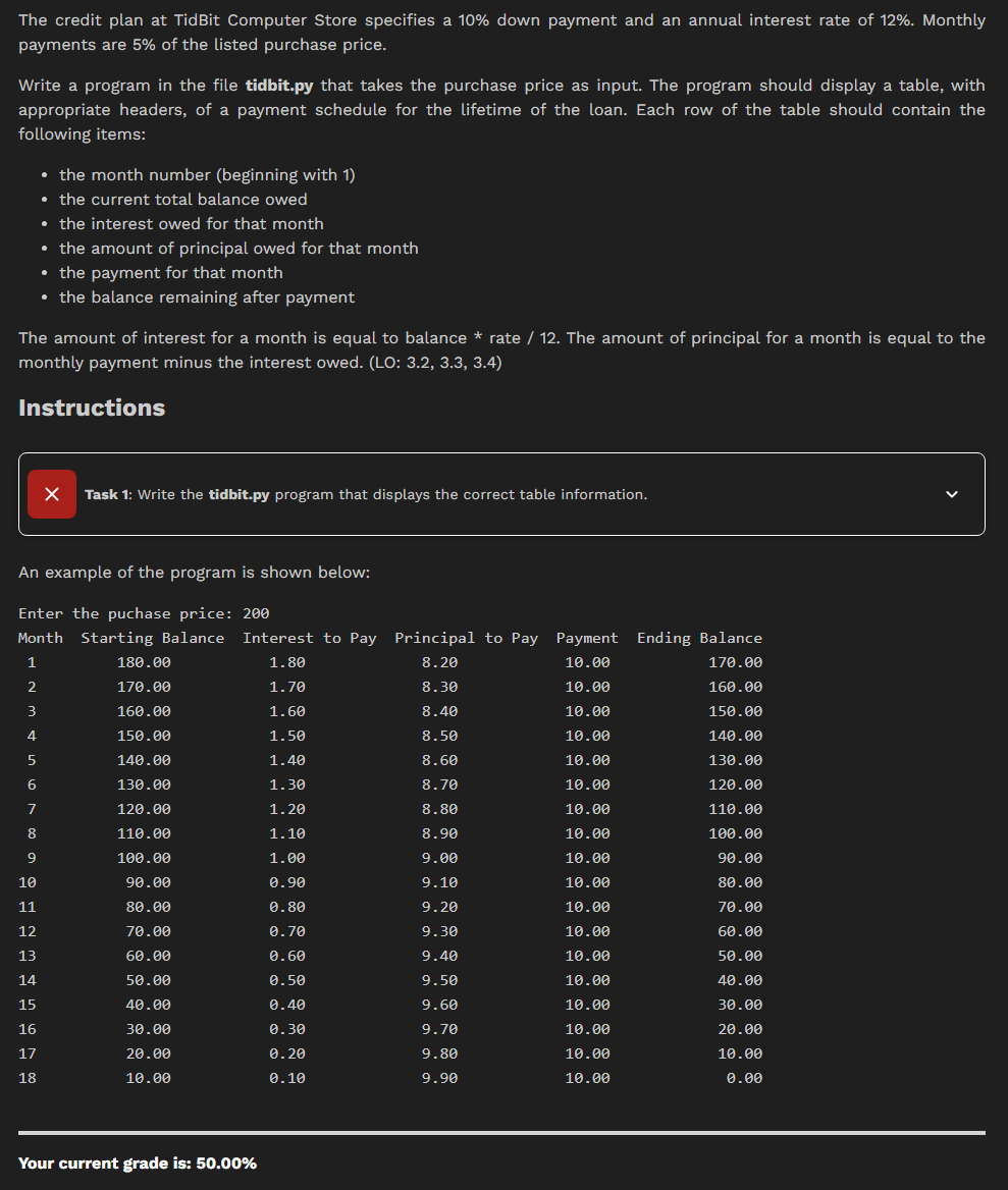  The credit plan at TidBit Computer Store specifies a 10% down