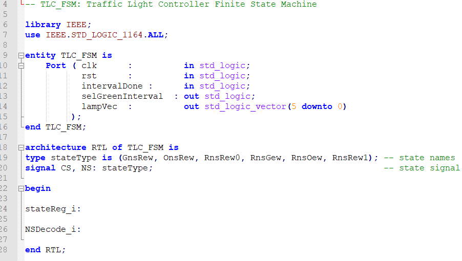 VHDL- TRAFFIC LIGHT CONTROLLER Tasks Design the TLC digital system Include a