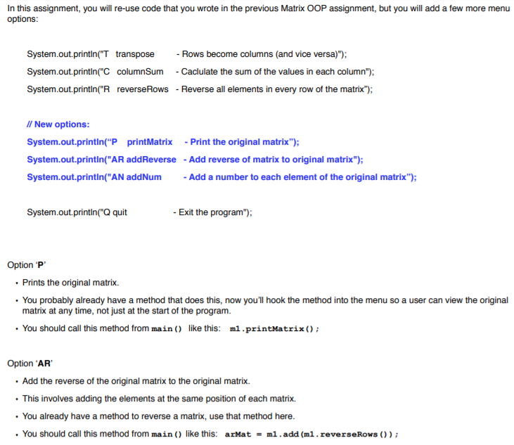 Java Question: Addition to Code I already Wrote for Matrix Operations: The