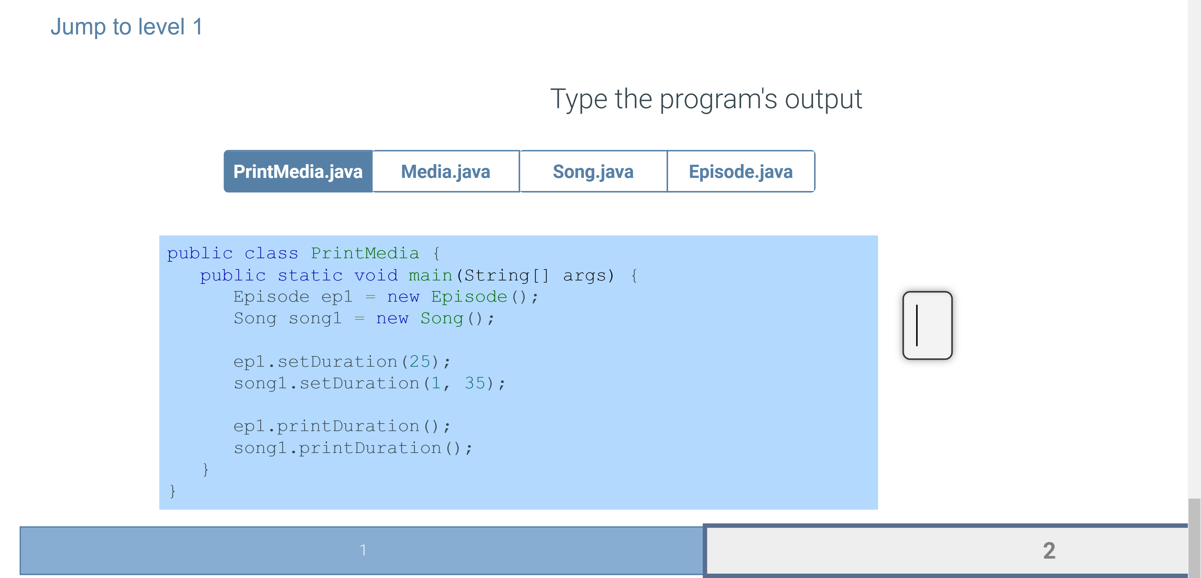 Media \{ private int duration; public void setDuration(int durationMins) \{ duration =