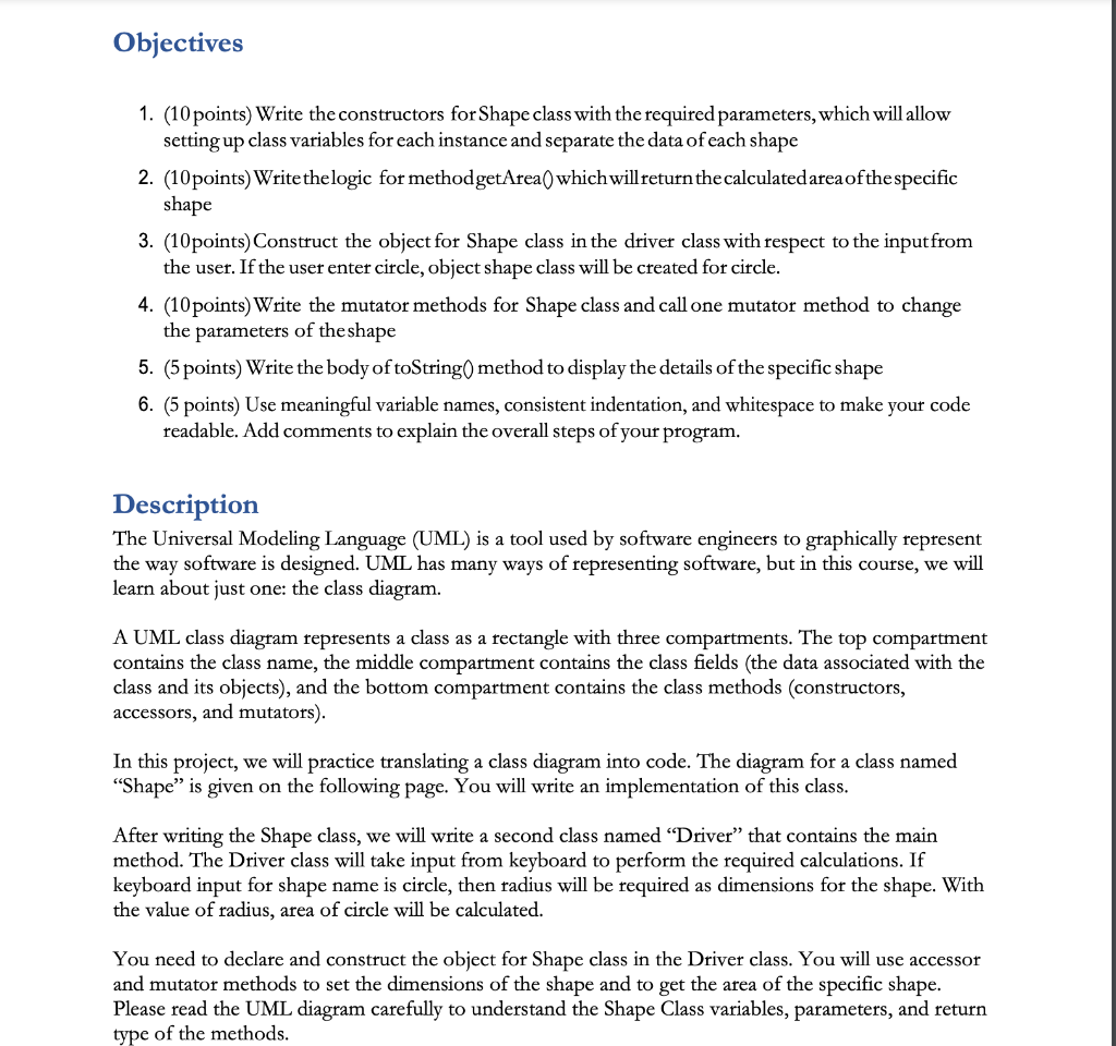 Please help, Java Objectives 1. (10 points) Write the constructors for Shape