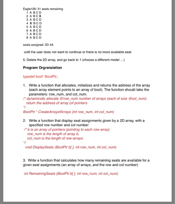 seats in an airplane. main function: 1. Prompt the user to enter
