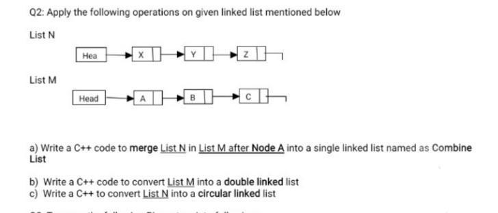  c++ code required Q2: Apply the following operations on given linked