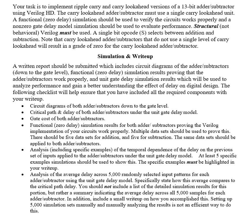 Verilog code Your task is to implement ripple carry and carry lookahead