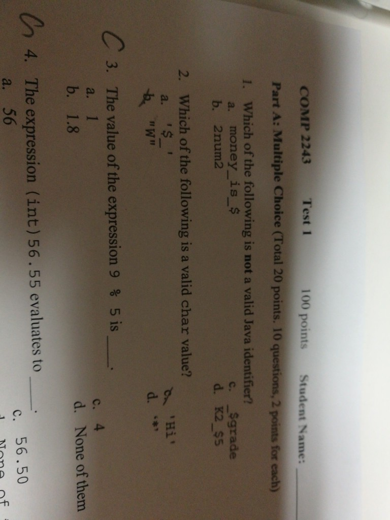  COMP 2243 Test 1 Part A: Multiple Choice (Total 20 points.