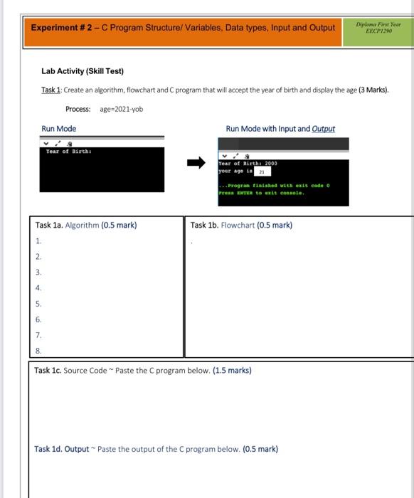  Answer all Q PLZ Experiment #2 - C Program Structure/Variables, Data