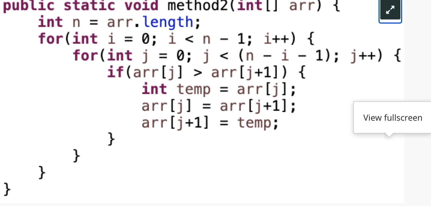 =0; int n=arr. length; for (int j=0;jarr[j+1]){ int temp =arr[j]; arr[j]=arr[j+1]; arr[j+1]=temp;