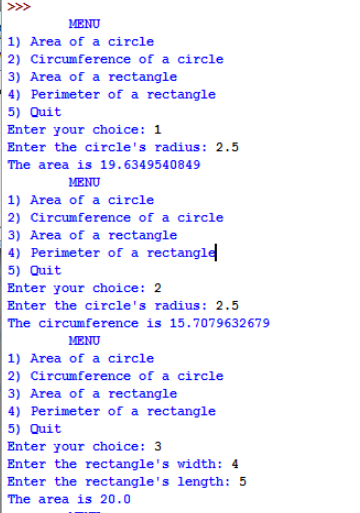 a rectangle, or exit from the program. The two functions for the
