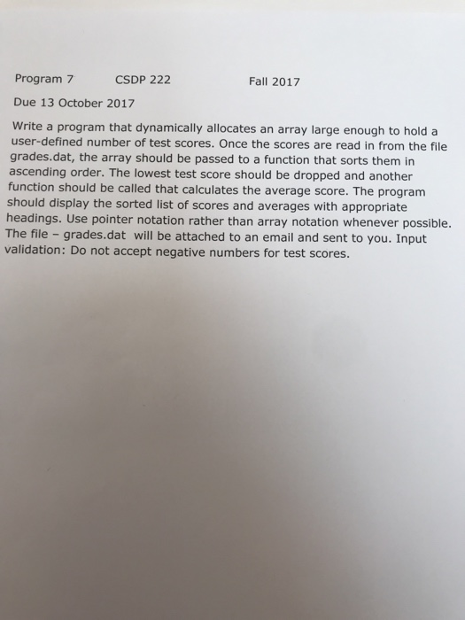  Program 7 CSDP 222 Fall 2017 Due 13 October 2017 Write