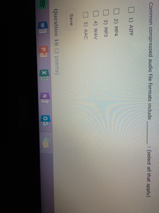  Common compressed audio file formats include : (select all that apply)