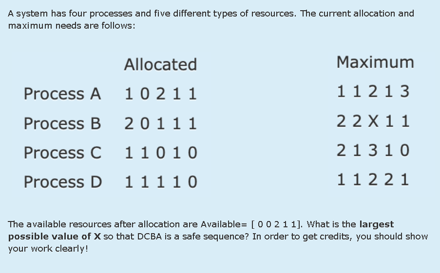  The available resources after allocation are Available=[{:[0,0,2,1,1]]. What is the largest