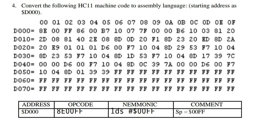  4. Convert the following HC11 machine code to assembly language: (starting