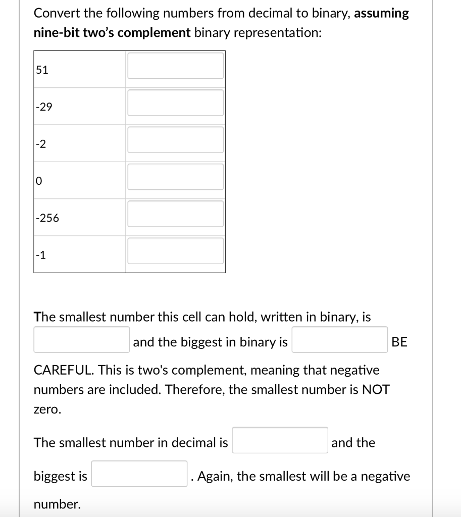 Convert the following numbers from decimal to binary, assuming nine-bit two's