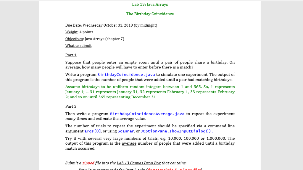 Please answer all parts Lab 13: Java Arrays The Birthday Coincidence Due