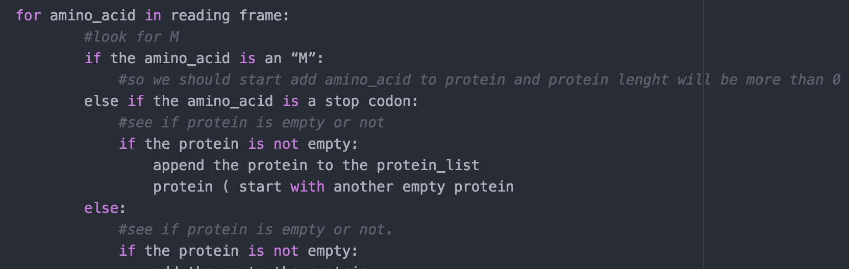 reading frame and locates the amino acid 'M', and prints whatever is