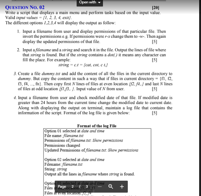 [5] Open with QUESTION No. 02 [20] Write a script that