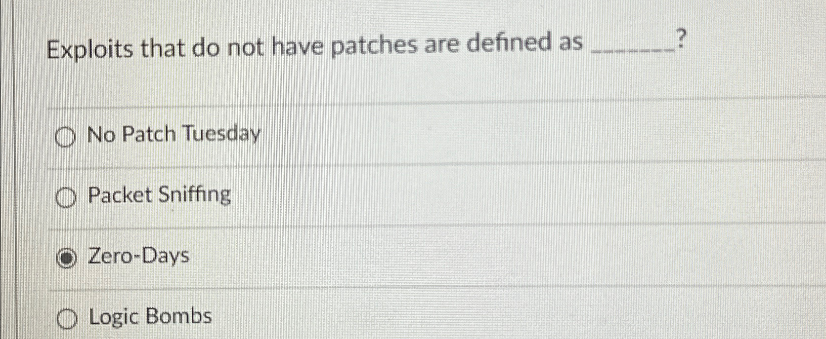  Exploits that do not have patches are defined as ? No
