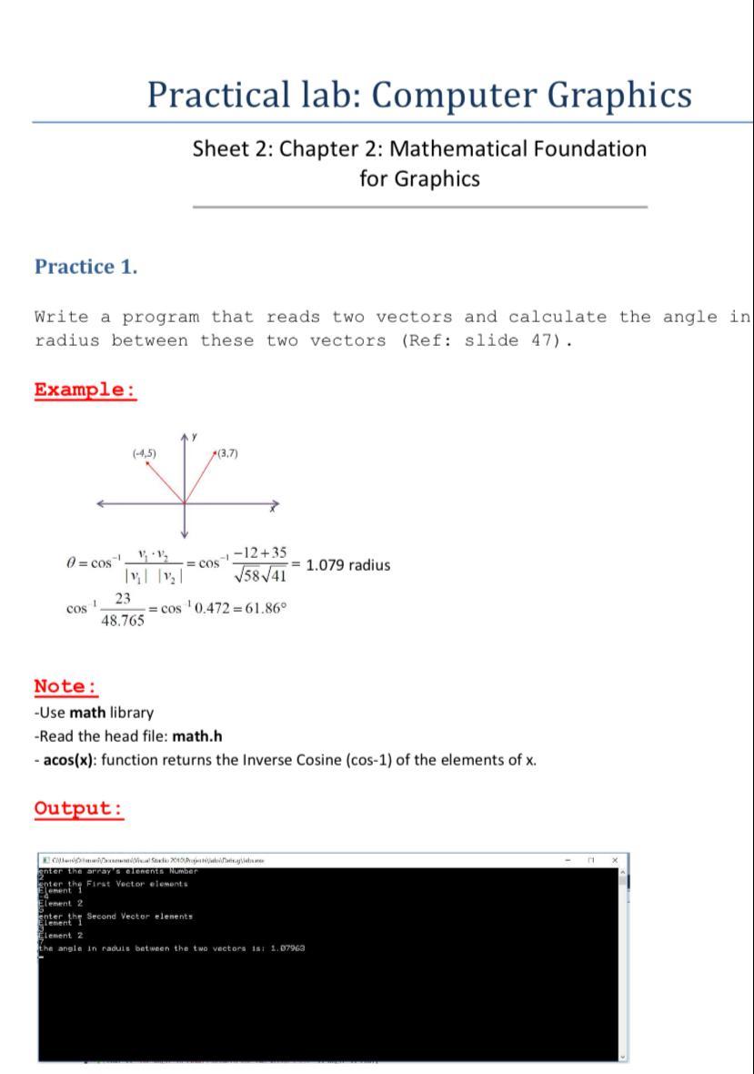 Practical lab: Computer Graphics Sheet 2: Chapter 2: Mathematical Foundation for