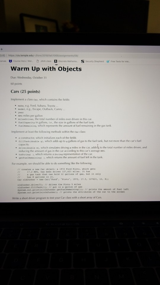  US) https://cis.temple.edul-ifiore/2018/fall/1068/assignments/08 anvas course Hero 1 Wel. D JAVA class S