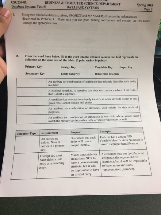  CSC239-01 Database Systems Test #1 BUSINESS & COMPUTER SCIENCE DEPARTMENT DATABASE