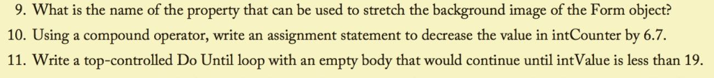 I need help with these questions from my microsoft visual basic class?