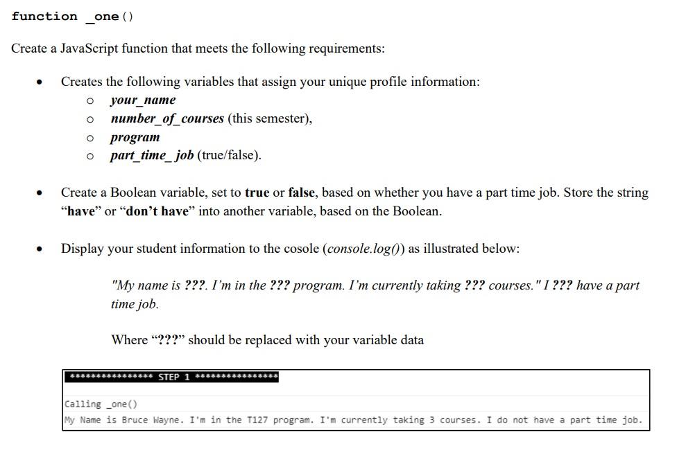 function _one() Create a JavaScript function that meets the following requirements: