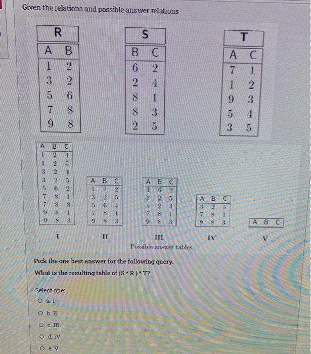  database Given the relations and possible answer relations S R 1