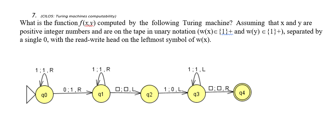  7. (CILOS: Turing machines computability) What is the function f(xv) computed