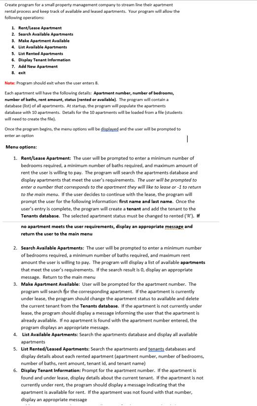 in python! need help! thanks! Create program for a small property management