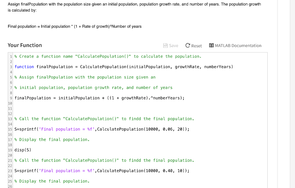 Assign finalPopulation with the population size given an initial population, population