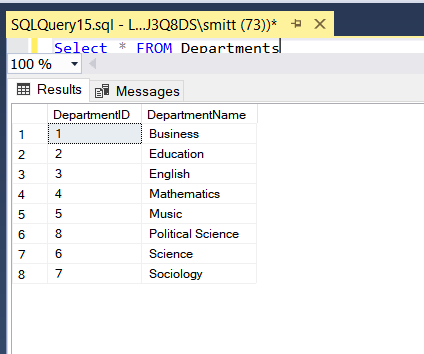 Departments table and returns these columns: CourseNumber, CourseDescription, DepartmentName. Sort the result