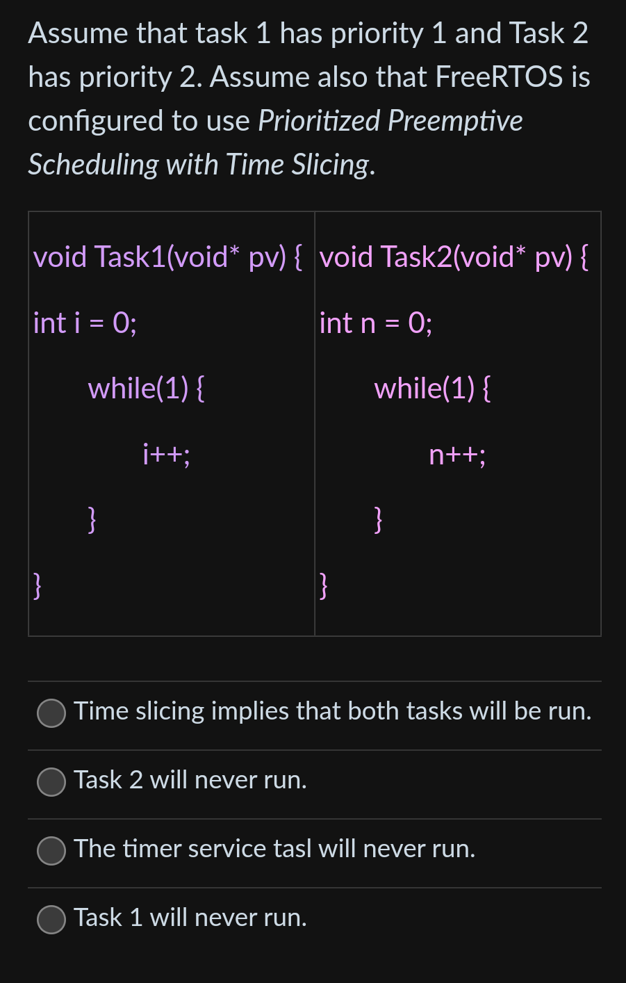  Assume that task 1 has priority 1 and Task 2 has