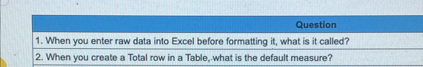  Question When you enter raw data into Excel before formatting it,