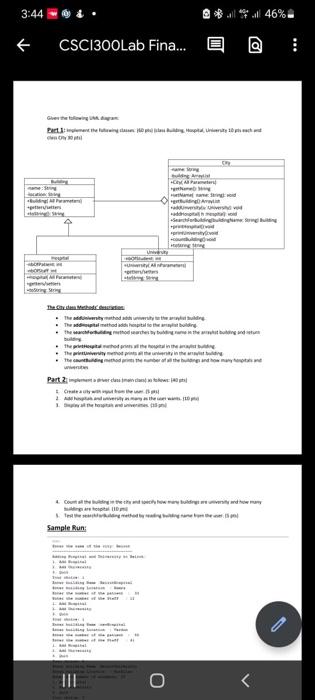 1: Implement the following classes: (60 pts) (class Building, Hospital University 10