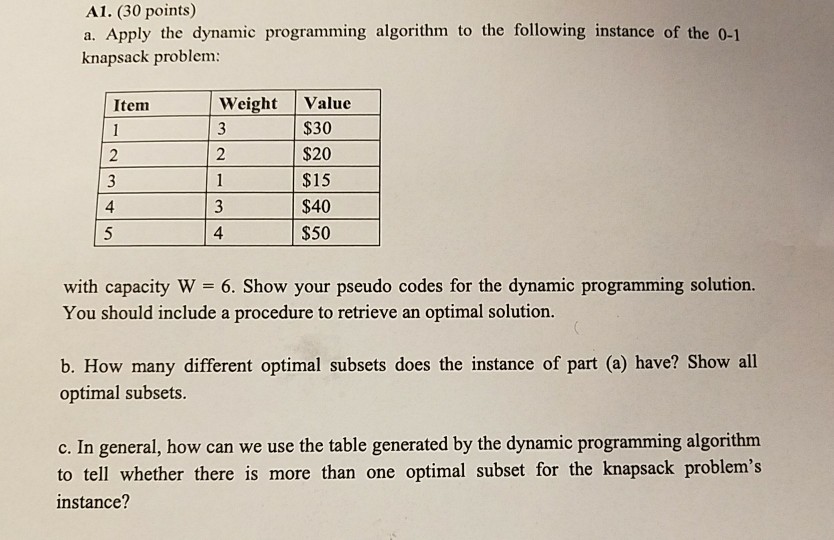  A1. (30 points) a. Apply the dynamic programming algorithm to the