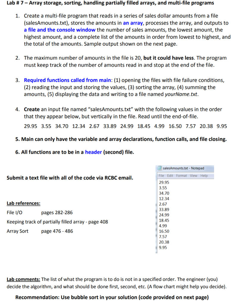  Lab # 7-Array storage, sorting, handling partially filled arrays, and multi-file