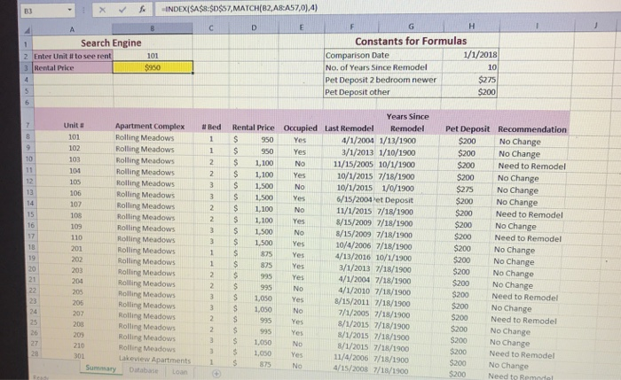 in cell H2 and the last remodel date in the Last Remodel