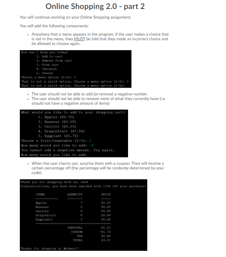 Write a Java Program: Online Shopping 2.0 - part 2 You will