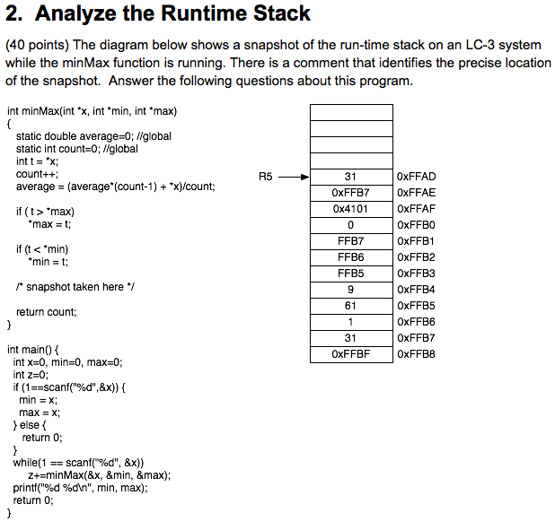  2. Analyze the Runtime Stack (40 points) The diagram below shows