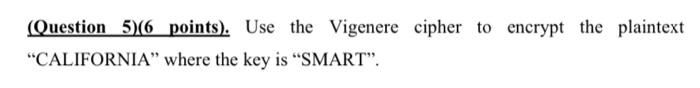  (Question 5)(6 points). Use the Vigenere cipher to encrypt the plaintext