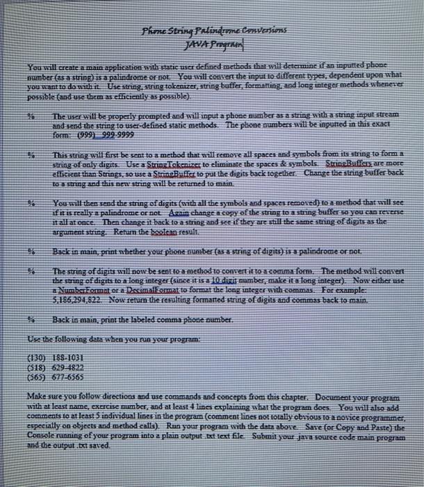  Phone String Palindrome Conversions JAVA Progrken You will create a main