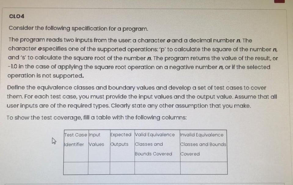  Quickly CLO4 Consider the following specification for a program. The program