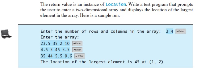 a maximal value and its location in a two-dimensional array. The class