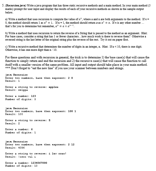  Write a java program that has three static recursive methods and