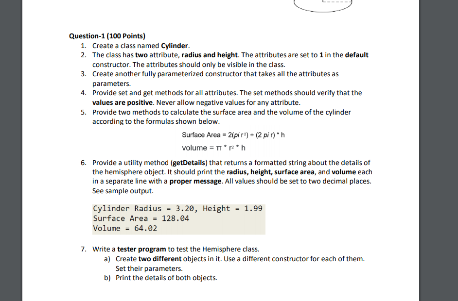  as object oriented (JAVA) Question-1 (100 Points) 1. Create a class